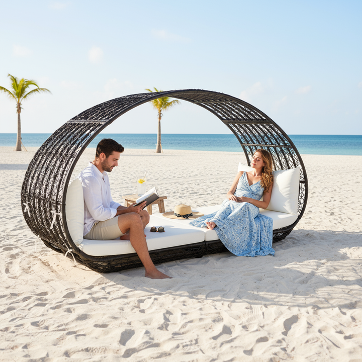 Lavina 91.25'' Wicker Outdoor Patio Canopy Daybed Water Resistant Cushion (Multibrown/White)