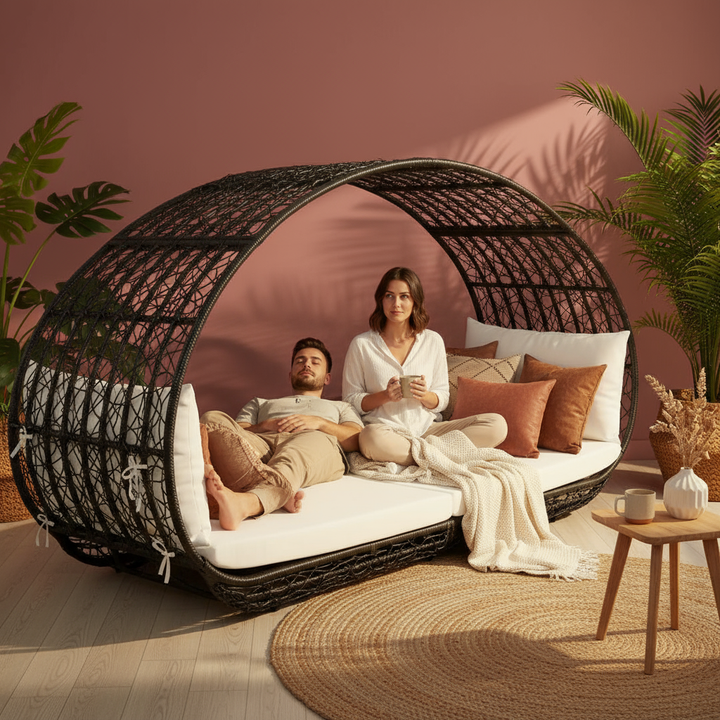 Lavina 91.25'' Wicker Outdoor Patio Canopy Daybed Water Resistant Cushion (Multibrown/White)