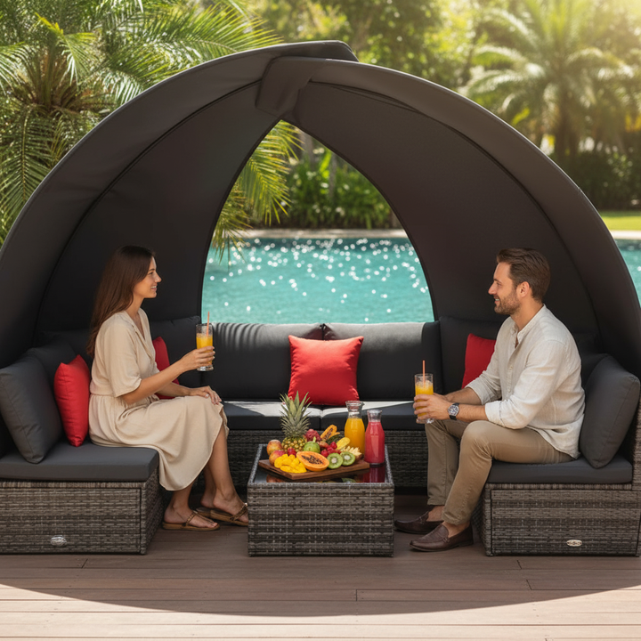 9 Piece Patio Lounge Set with Canopy Poly Rattan Anthracite