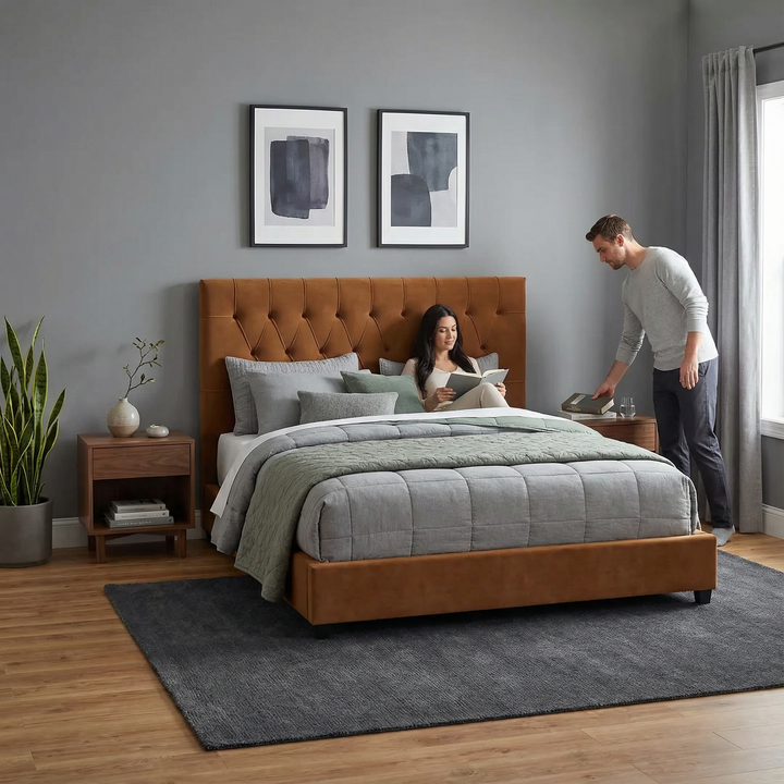 Donald Mid Century Modern Cognac Velvet Platform Bed Queen