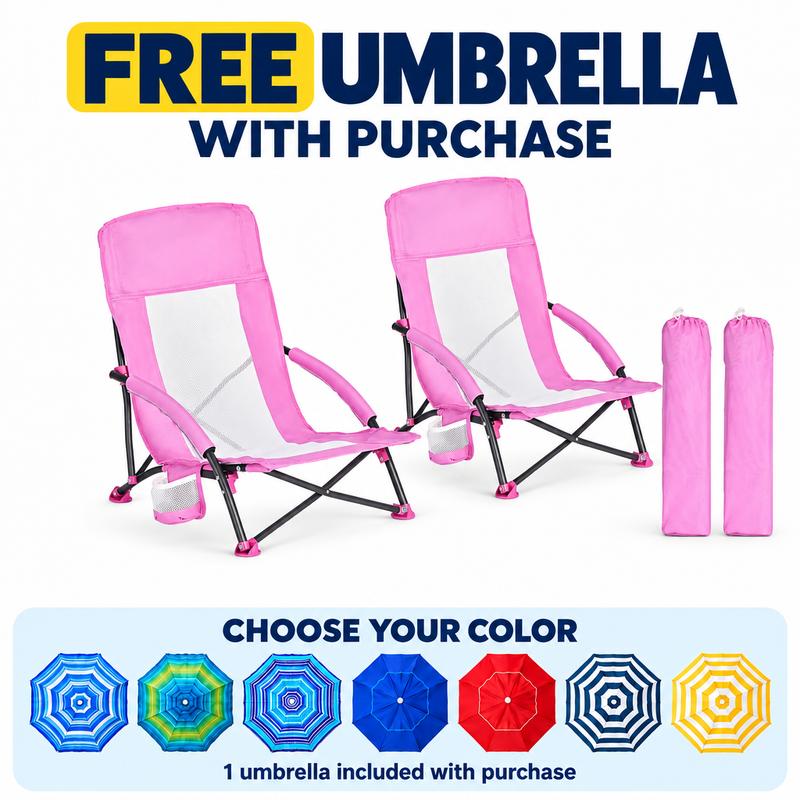 Folding Beach Chairs 2-Pack – Mesh Back with Cup Holders