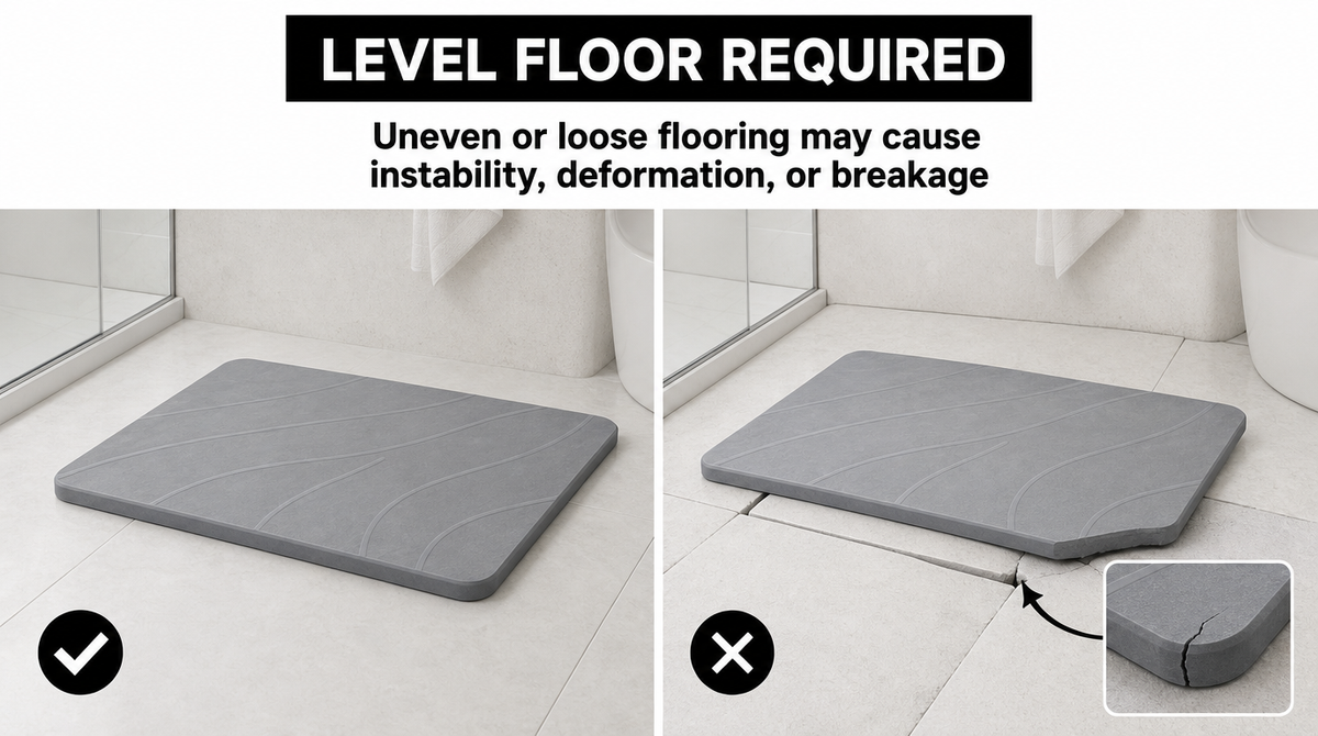 Stone bath mat supported on level tile versus a damaged mat on uneven tile, with a close-up of a cracked corner.