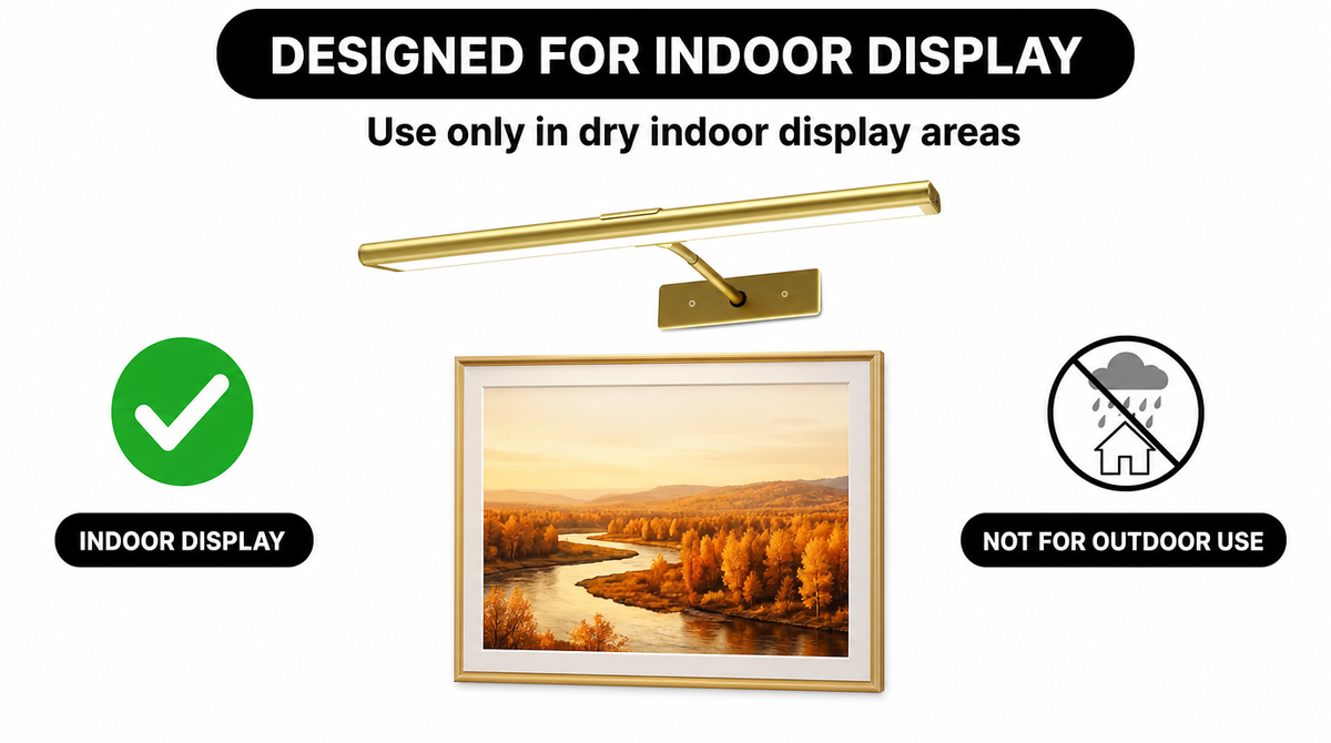 “Picture light shown above indoor artwork with a check mark; a crossed-out rain symbol indicates no outdoor use.”