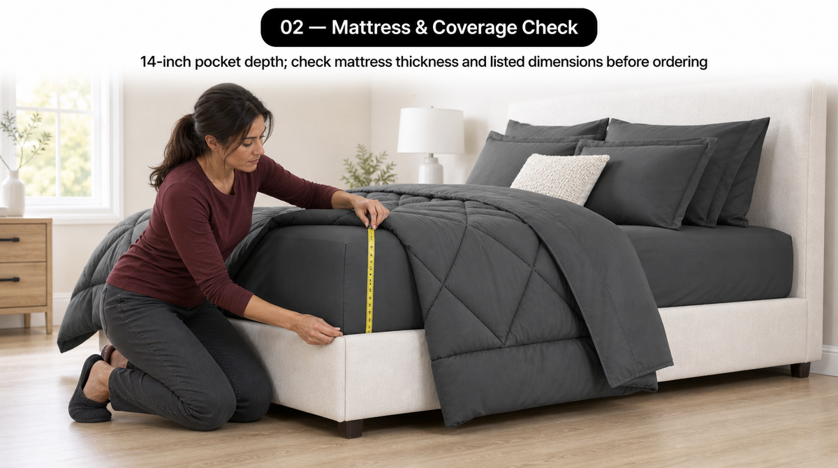 Woman measures mattress thickness with a tape measure to check compatibility with the fitted sheet’s 14-inch pocket depth.