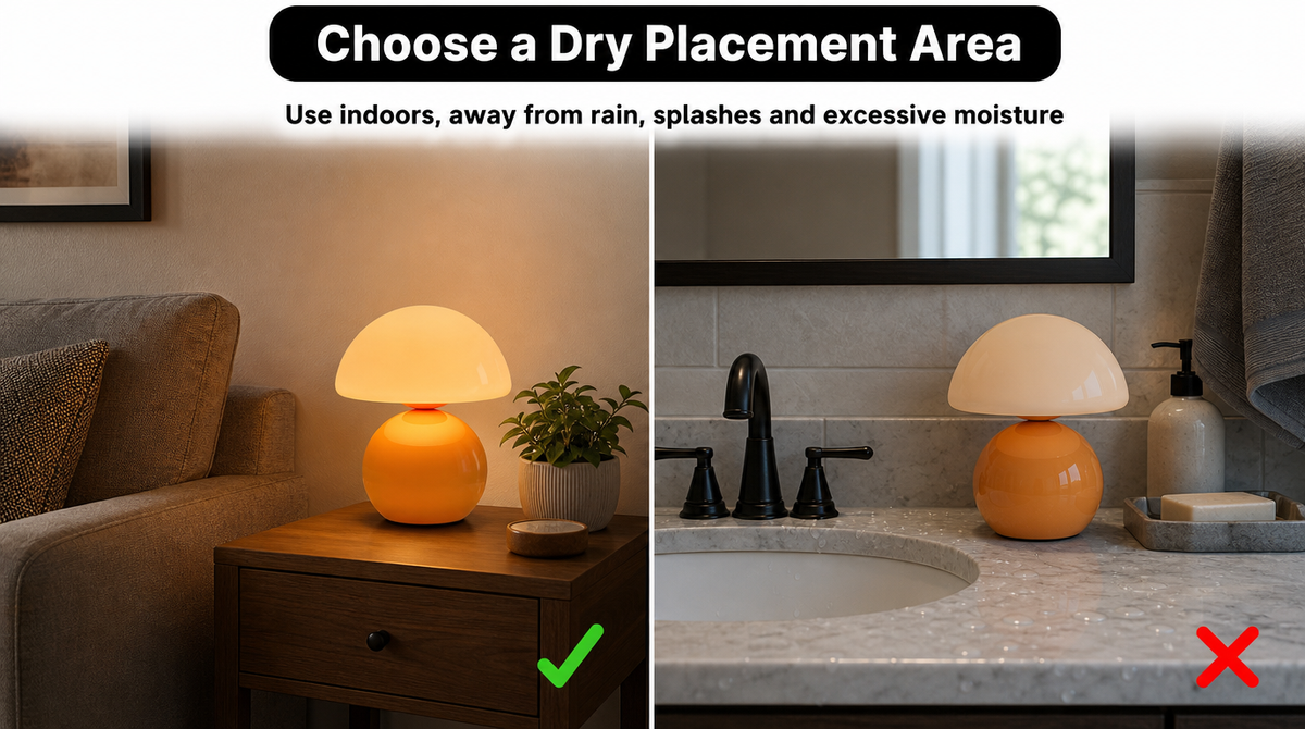 “Dry living-room side table marked suitable; bathroom counter beside a sink marked unsuitable. Keep the lamp away from moisture.”
