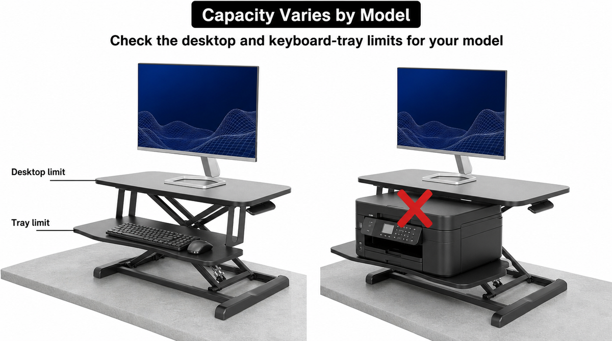 “Desktop and keyboard-tray weight limits vary by model; a printer on the keyboard tray is crossed out.”