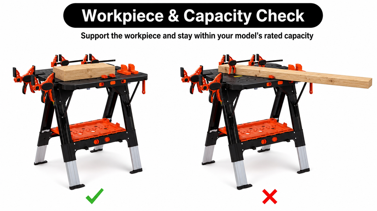 “Fully supported wood marked correct; a long board overhanging without extra support marked incorrect. Stay within the model’s load rating.”