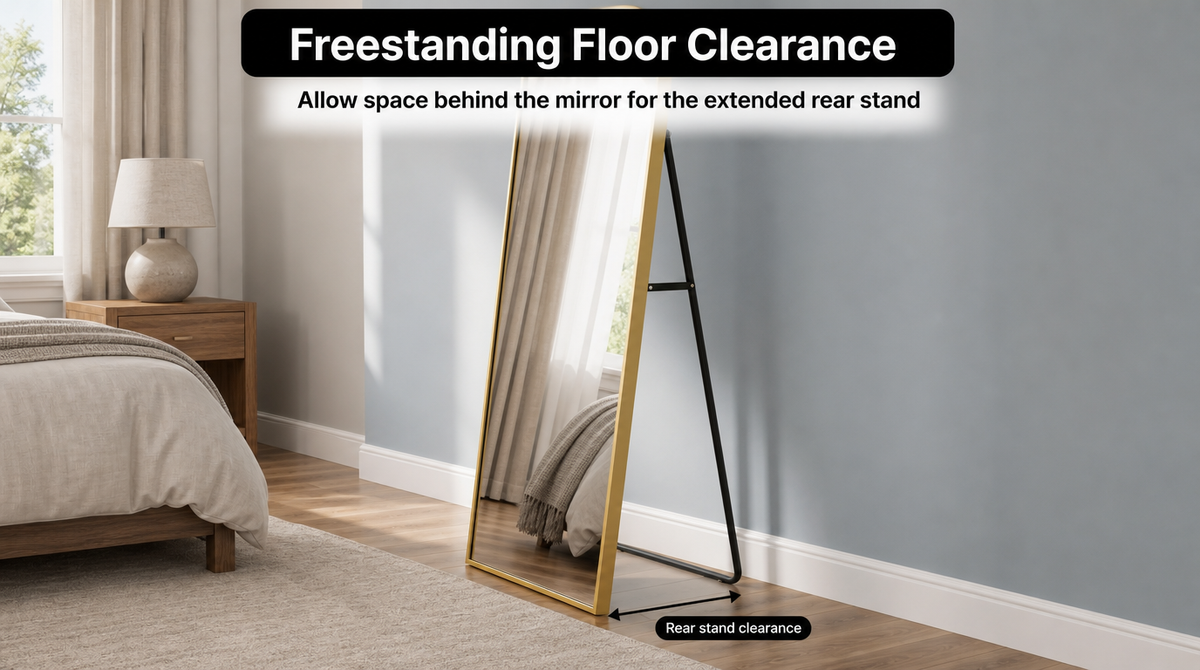 “Side view of a freestanding mirror with an arrow marking the floor space needed behind it for the extended rear stand.”