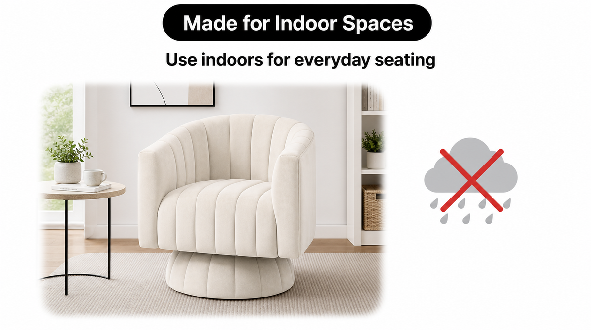 “Beige accent chair in an indoor reading nook with a crossed-out rain cloud indicating protection from rain.”