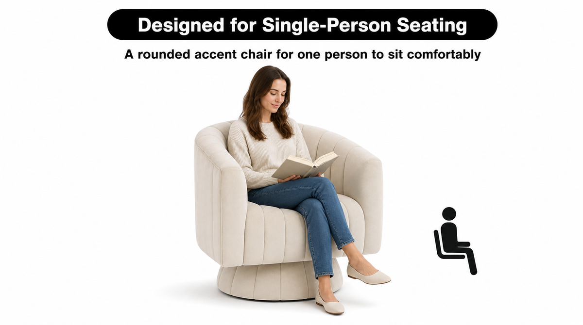 One woman reading in the beige barrel chair illustrates its single-person seating design.