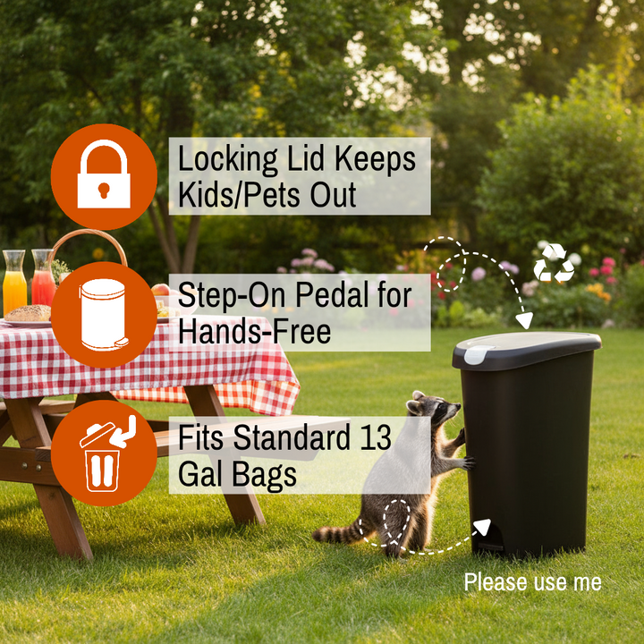 12 Gallon, Plastic Slim Lockable Step on Garbage Bin, Black