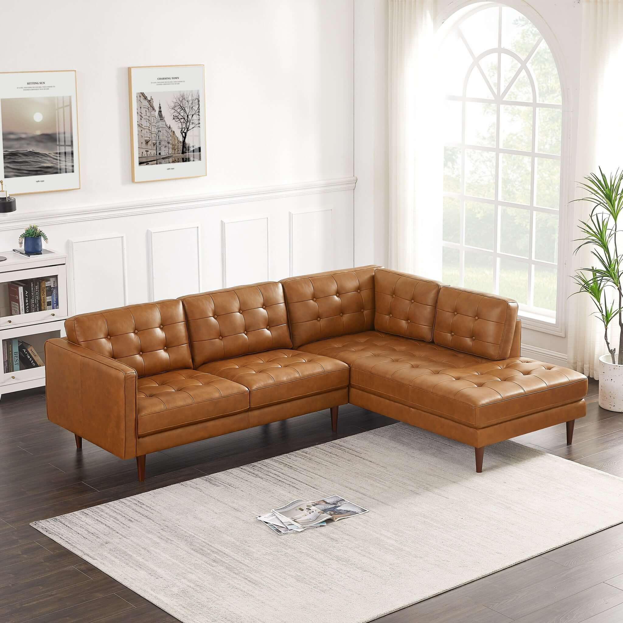 Lucco Genuine Leather Sectional In Cognac Tan Right Facing