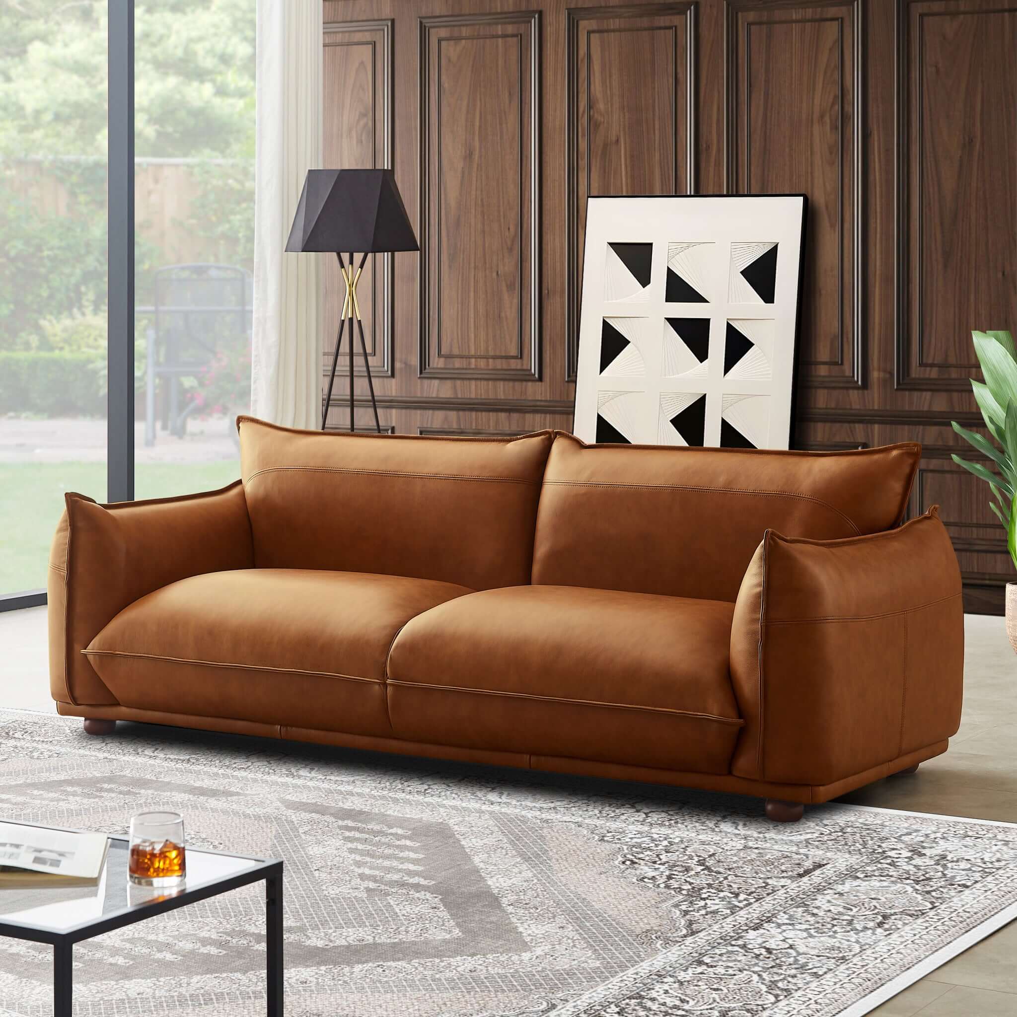 Emma Mid Century Modern Luxury Cognac Leather Sofa