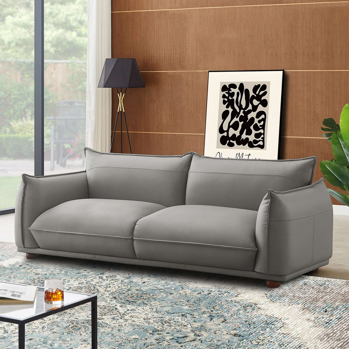 Emma Mid Century Modern Luxury Grey Leather Sofa