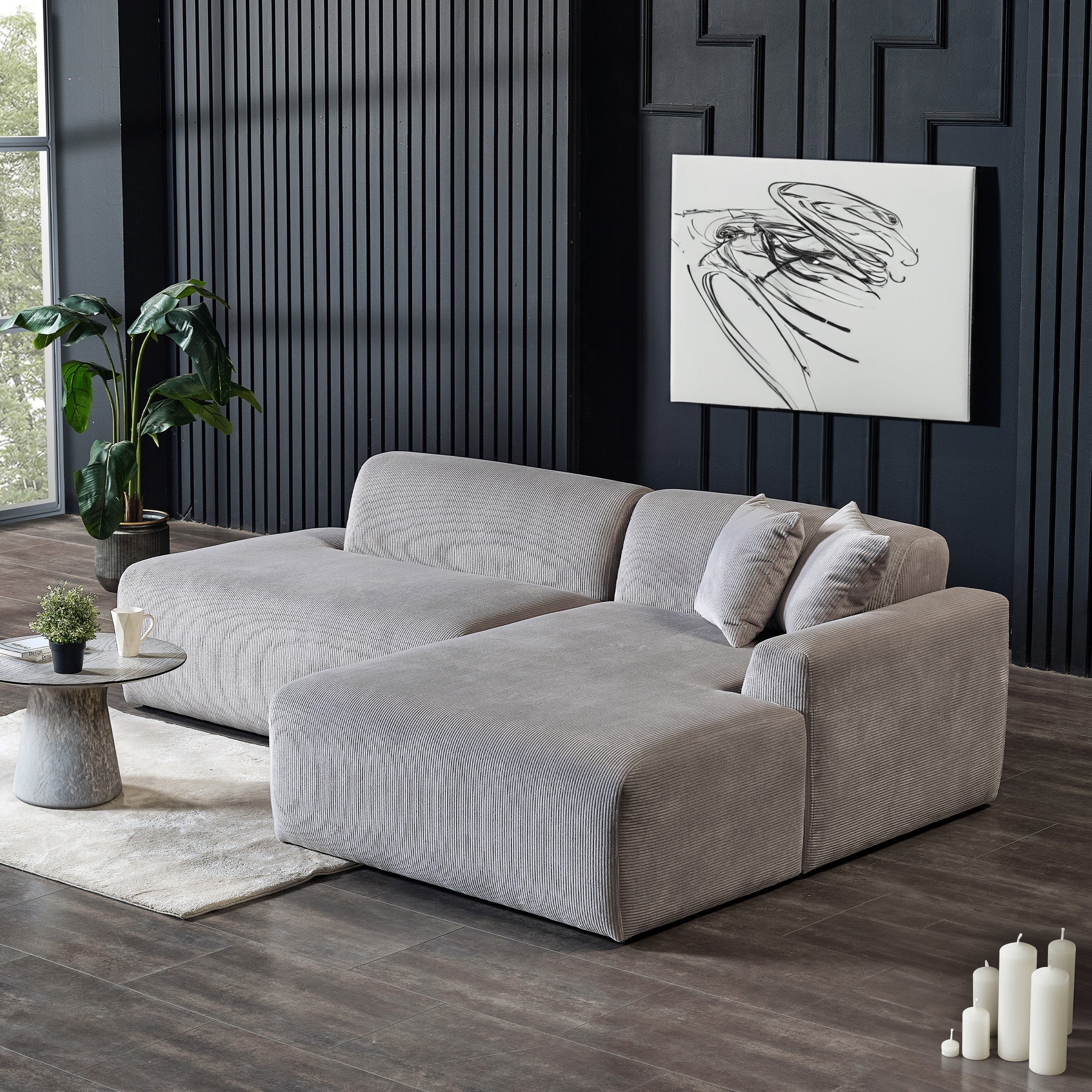 Mar Sectional Grey Velvet Sofa Right Facing