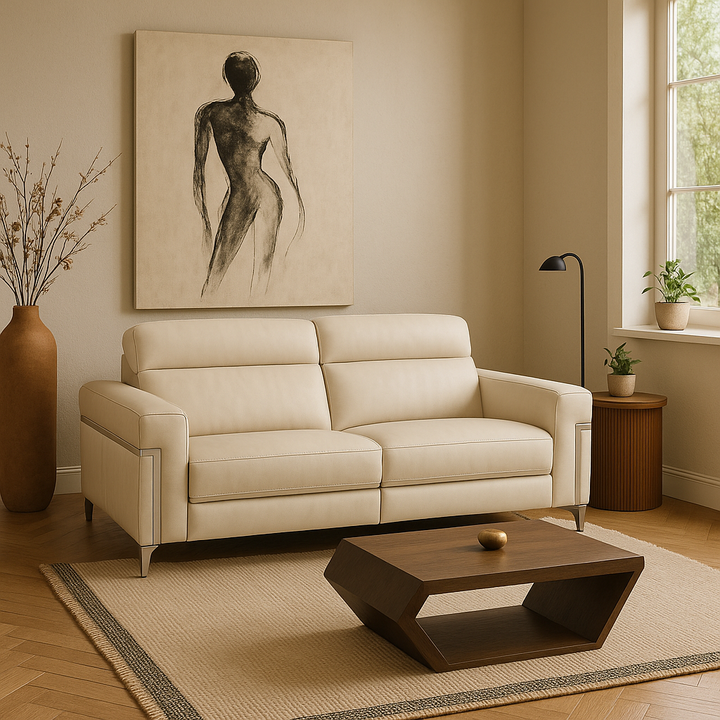 Beige Italian Leather Power Reclining Sofa and Loveseat Set - 5-Person Seating with Silver Metal Legs