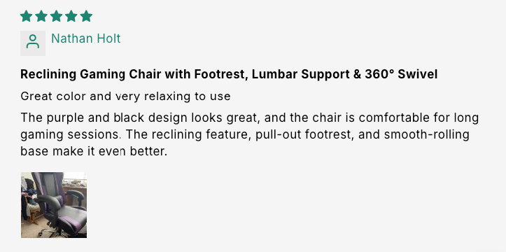 Reclining Gaming Chair with Footrest, Lumbar Support & 360° Swivel customer review screenshot 3