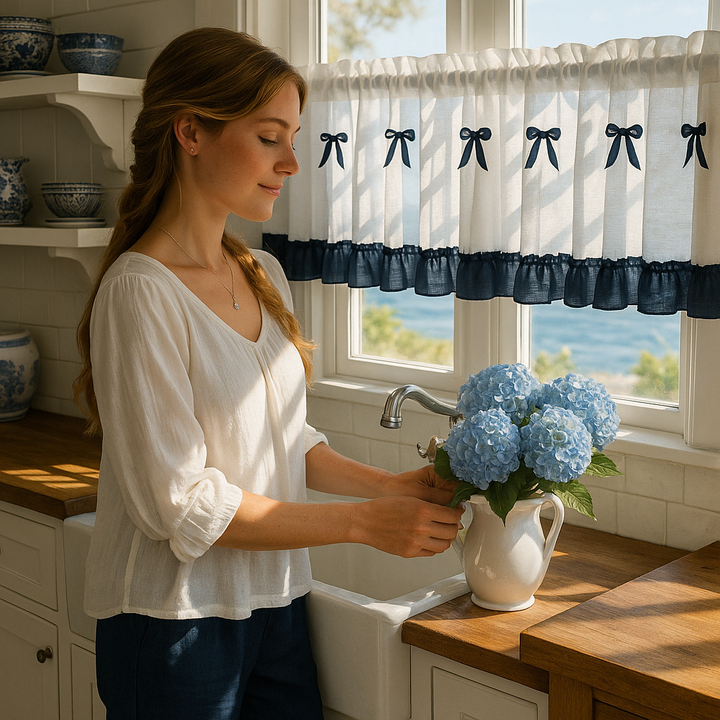 Navy Blue Bowknot Café Valance