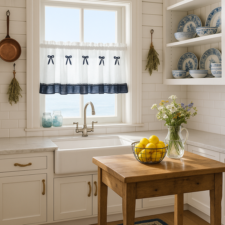 Navy Blue Bowknot Café Valance