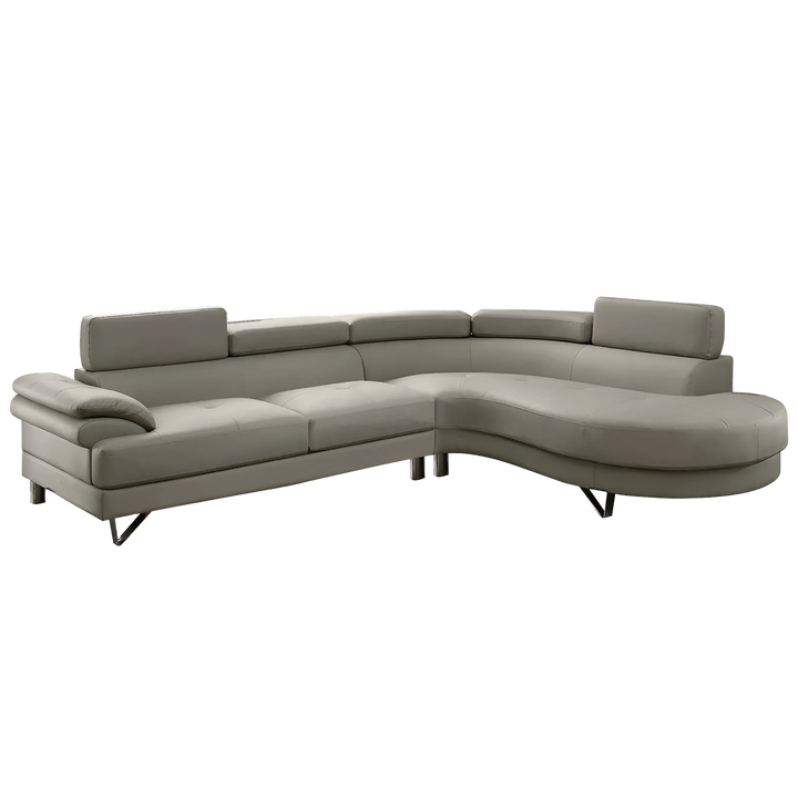 Contemporary Light Grey Bonded Leather L-Shaped Sectional with Adjustable Backs - 4-Seat Luxury Sofa Set
