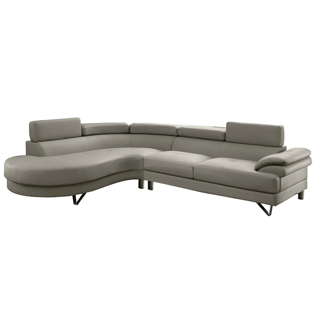 Contemporary Light Grey Bonded Leather L-Shaped Sectional with Adjustable Backs - 4-Seat Luxury Sofa Set