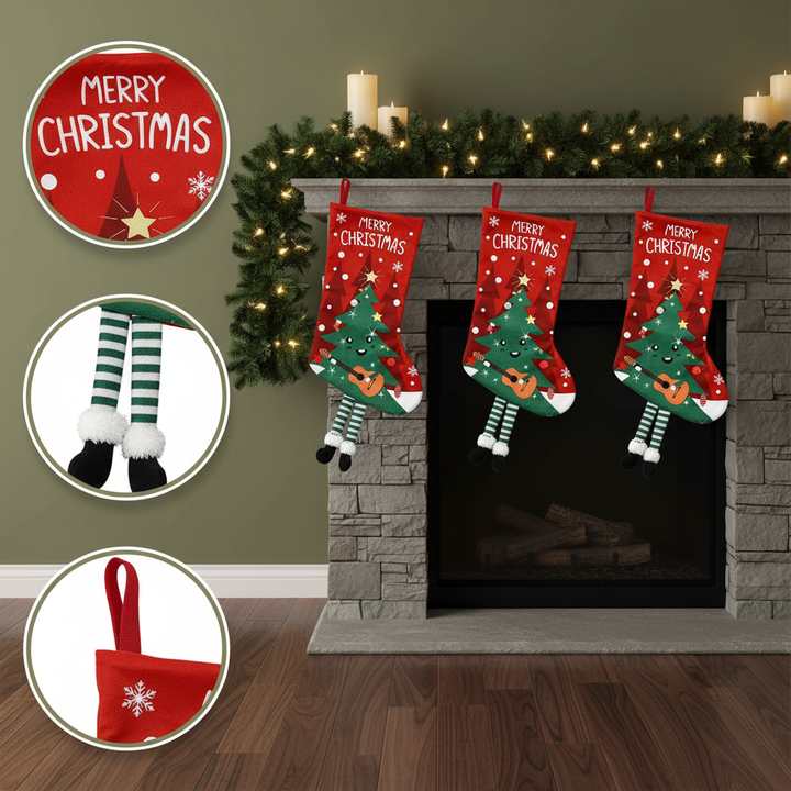Christmas Stockings with Cute Legs with Classic Elk Snowman Santa Claus Elements for Holiday Christmas Party
