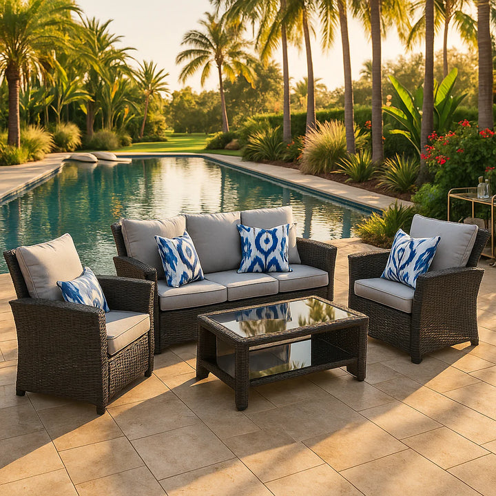 Exclusive 4-Pieces PE Rattan Wicker Outdoor Patio Furniture Set - Premium Gray Cushion Collection