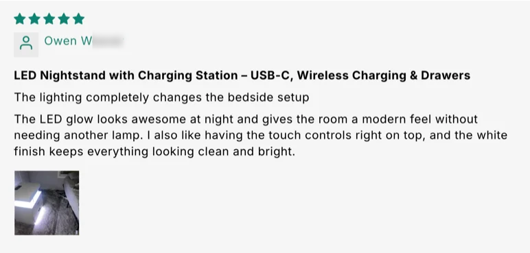 LED Nightstand With Charging Station – USB-C, Wireless Charging & Drawers customer review screenshot 5
