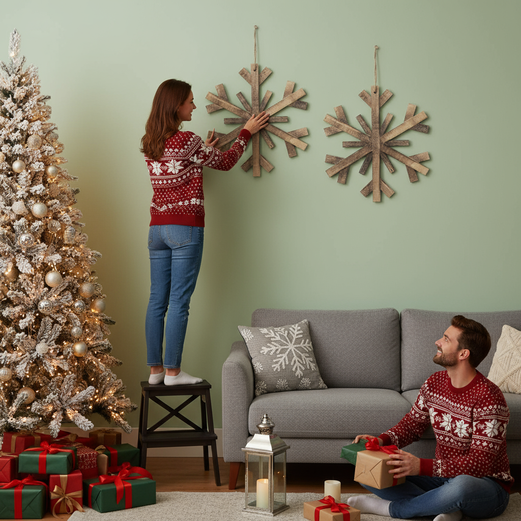 17.7" x 17.7" Large Fir Wood Snowflake Ornaments, Hanging Home Decor Accents for Christmas Tree, Wall Art, Holiday Display, Set of 2