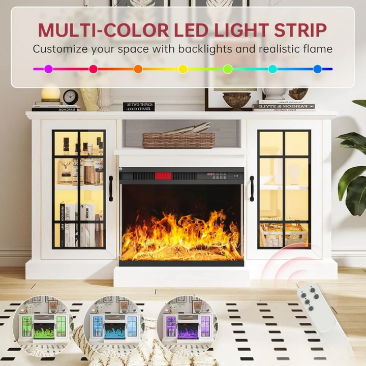 59'' Fireplace TV Stand, 3 Sided Glass Media Entertainment Center Console Table for TVs up to 65'' with Glass Door Adjustable F