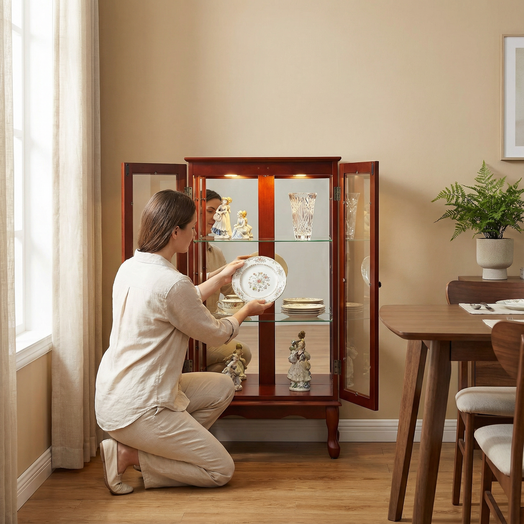 Curio Cabinet Lighted Curio Diapaly Cabinet with Adjustable Shelves and Mirrored Back Panel, Tempered Glass Doors (Cherry, 3 Tier), (E26 light bulb not included)