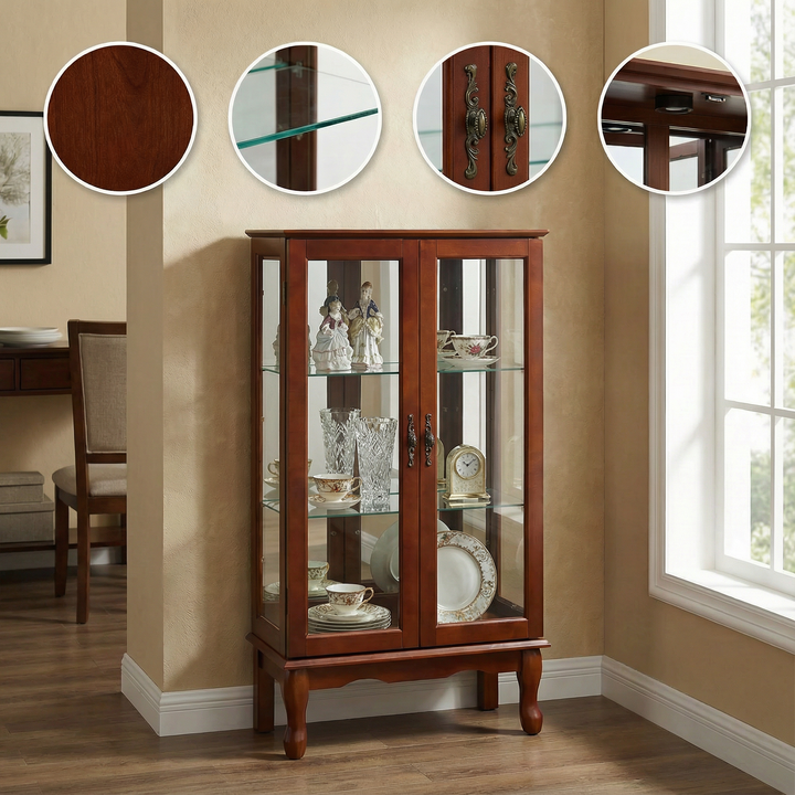 Curio Cabinet Lighted Curio Diapaly Cabinet with Adjustable Shelves and Mirrored Back Panel, Tempered Glass Doors (Cherry, 3 Tier), (E26 light bulb not included)