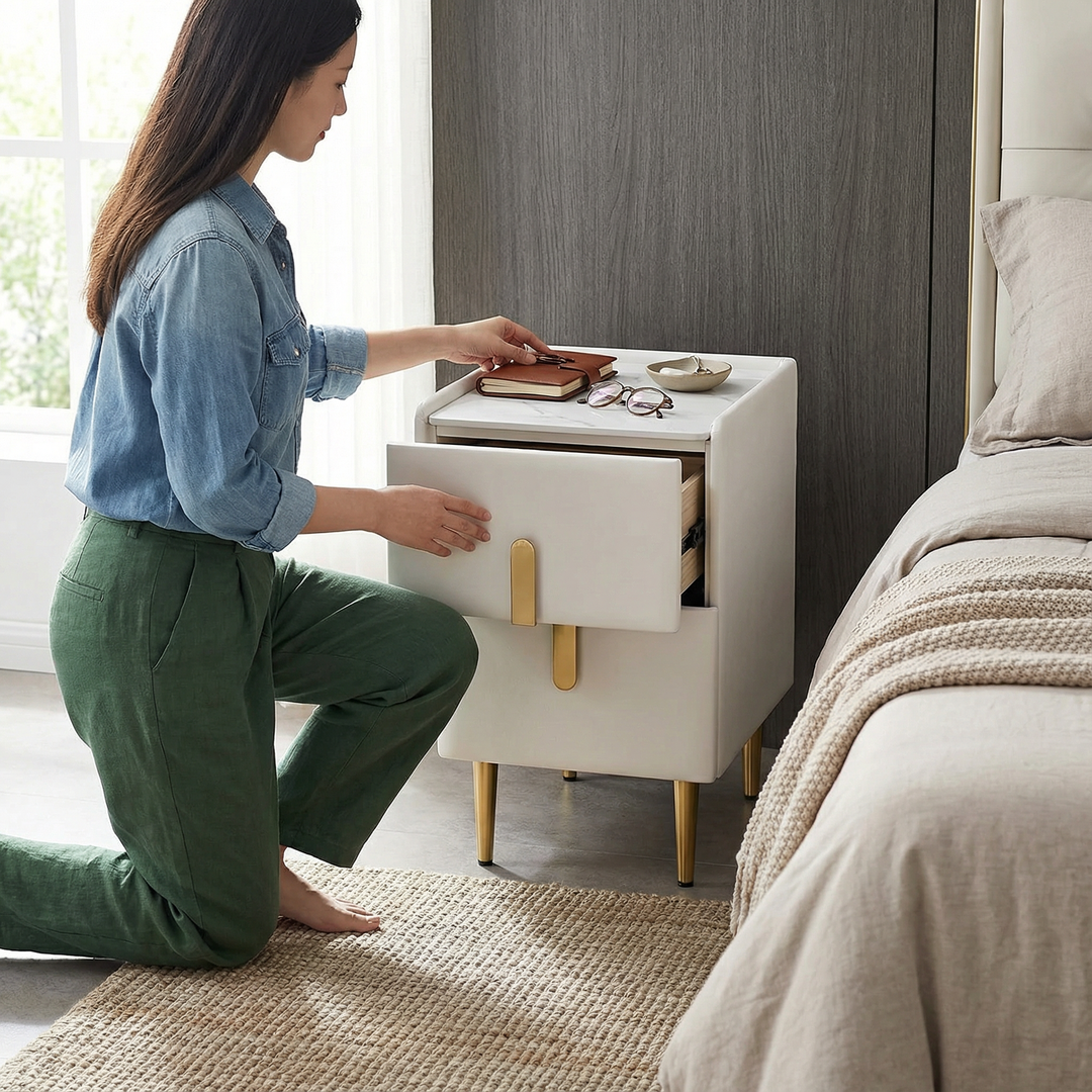 Modern Beige Nightstand Bedside Table with 2 Drawers in Gold Legs | Trufairs
