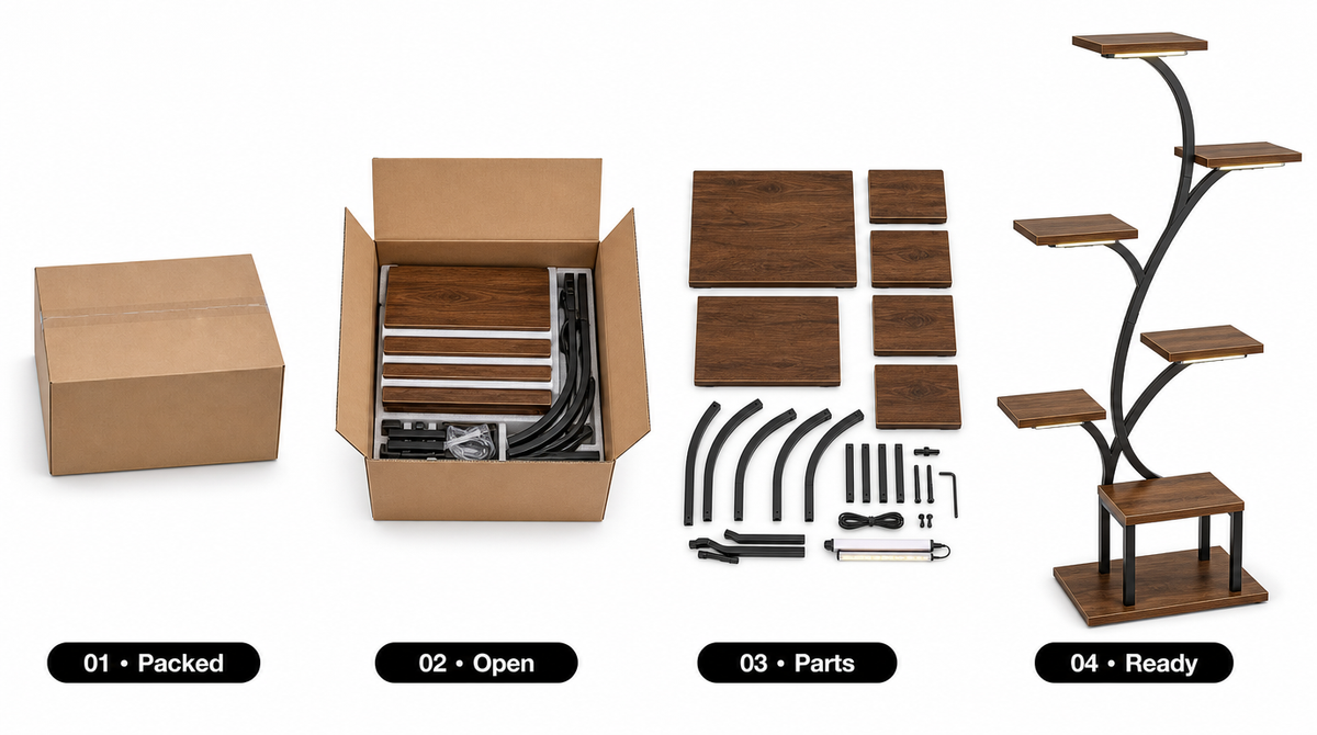 “Packed box, open box, laid-out brown shelves, black frame sections, light bar, cord, hardware, and tools beside the assembled stand.”