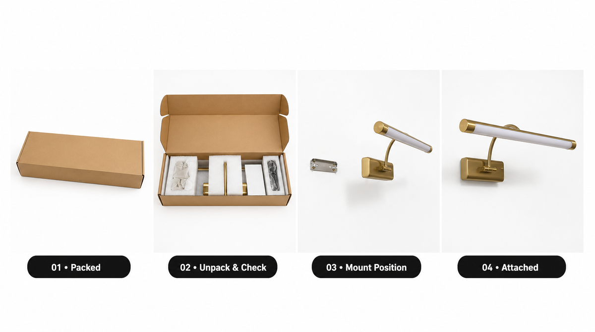 “Four panels show a closed box, a gold picture light and accessories in protective packing, a separate mounting plate, and the assembled fixture.”