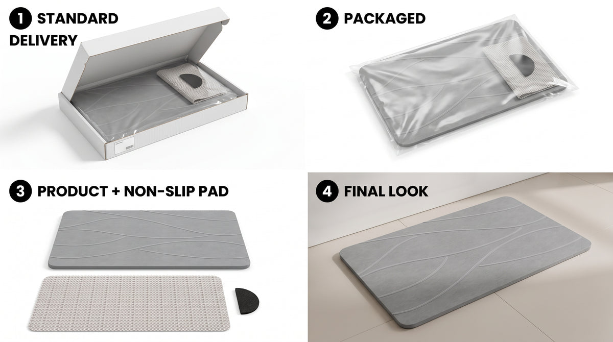 Gray stone bath mat shown boxed, wrapped, unpacked with a mesh anti-slip pad and black sanding piece, and placed on tile.