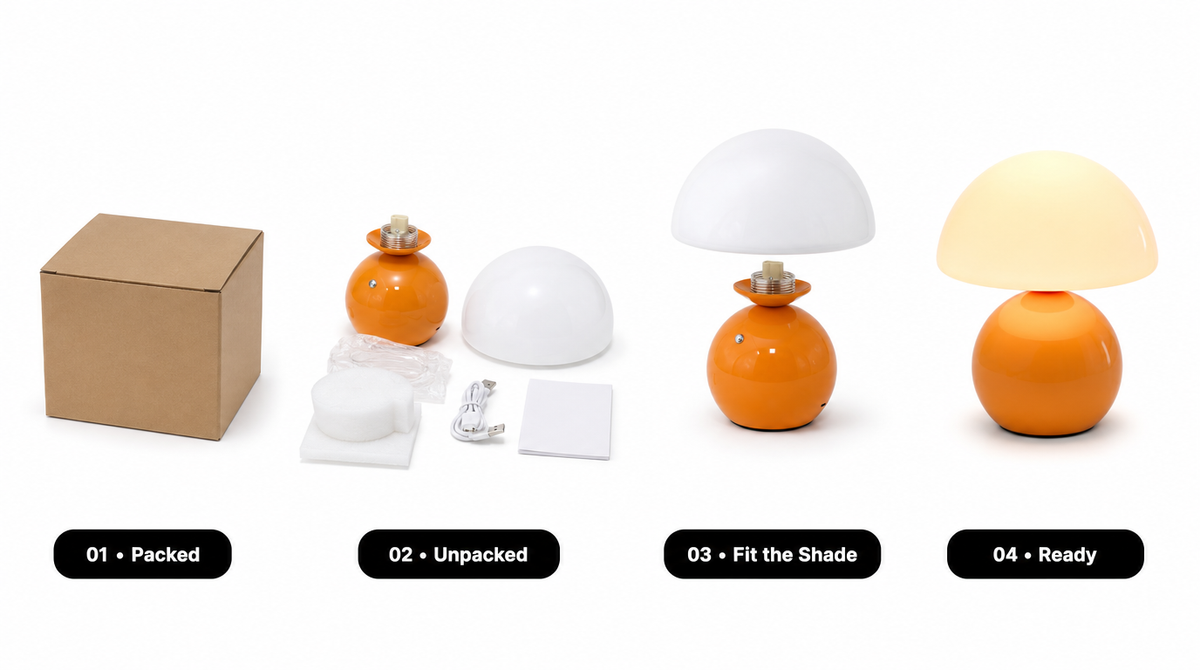 “Orange mushroom lamp shown boxed, unpacked with glass shade, USB-C cable and booklet, then with shade fitted and light on.”