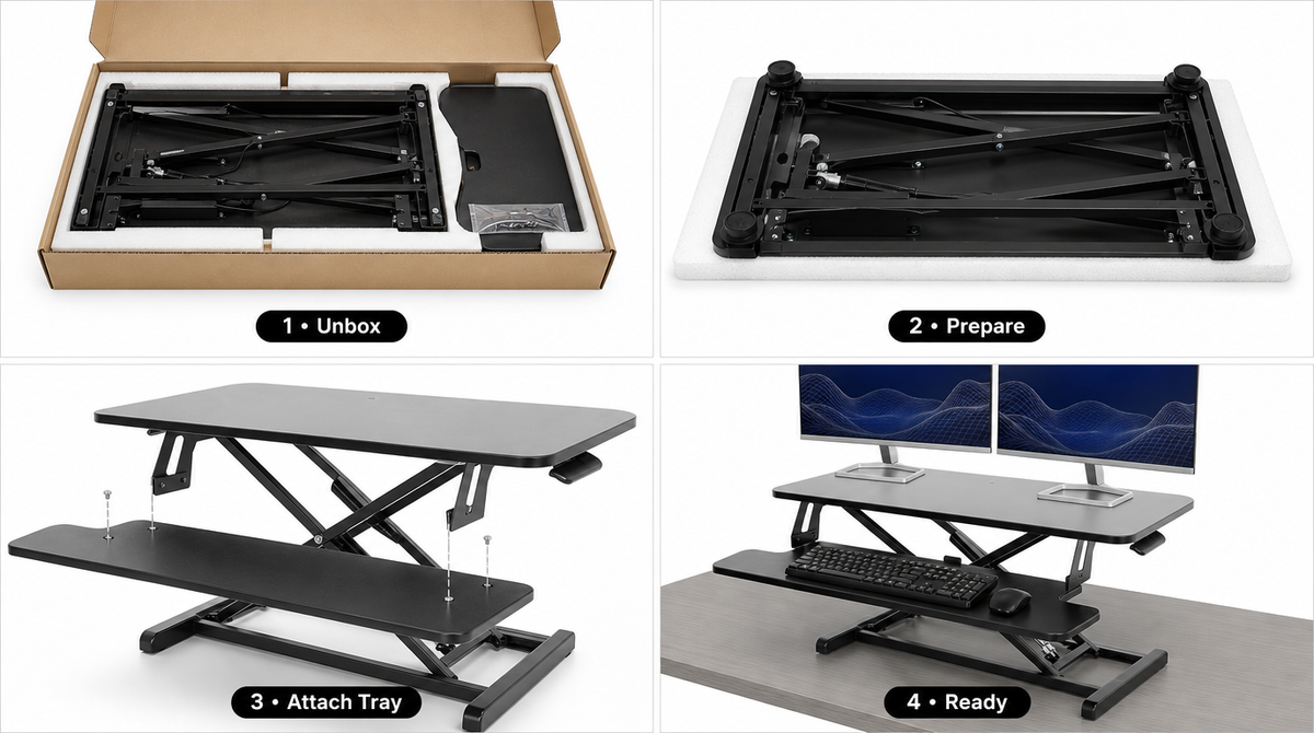 “Four panels show the boxed desk riser, separate keyboard tray and hardware, base preparation, tray attachment, and an assembled dual-monitor setup.”