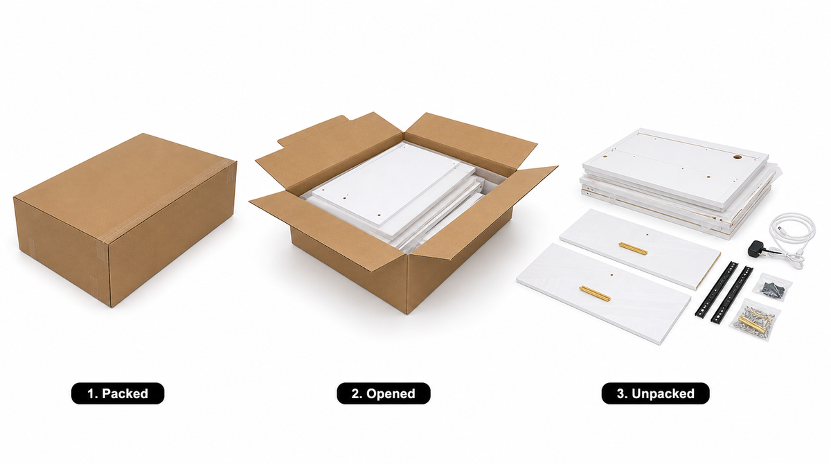 “Packed, opened, and unpacked nightstand showing white panels, two drawer fronts with gold-tone handles, drawer slides, hardware, and a power cable.”