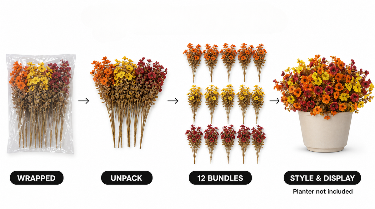 Wrapped artificial flower bundles unpacked, grouped by color, and arranged in a cream planter; planter not included.