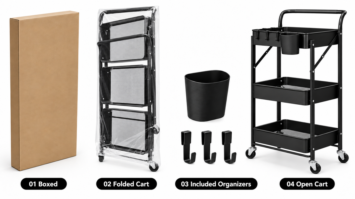 One black foldable cart shown boxed, folded, and open, with four casters, one hanging cup, and three hooks.