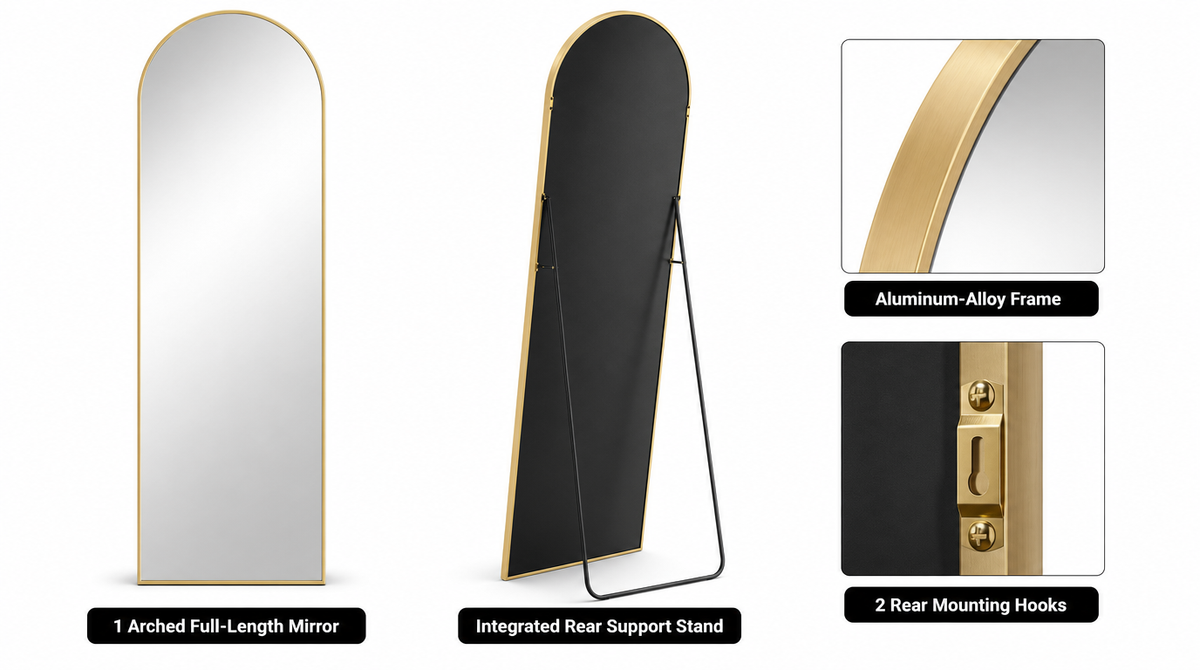 “One gold arched full length mirror with an integrated rear stand, aluminum-alloy frame, and two rear mounting hooks.”
