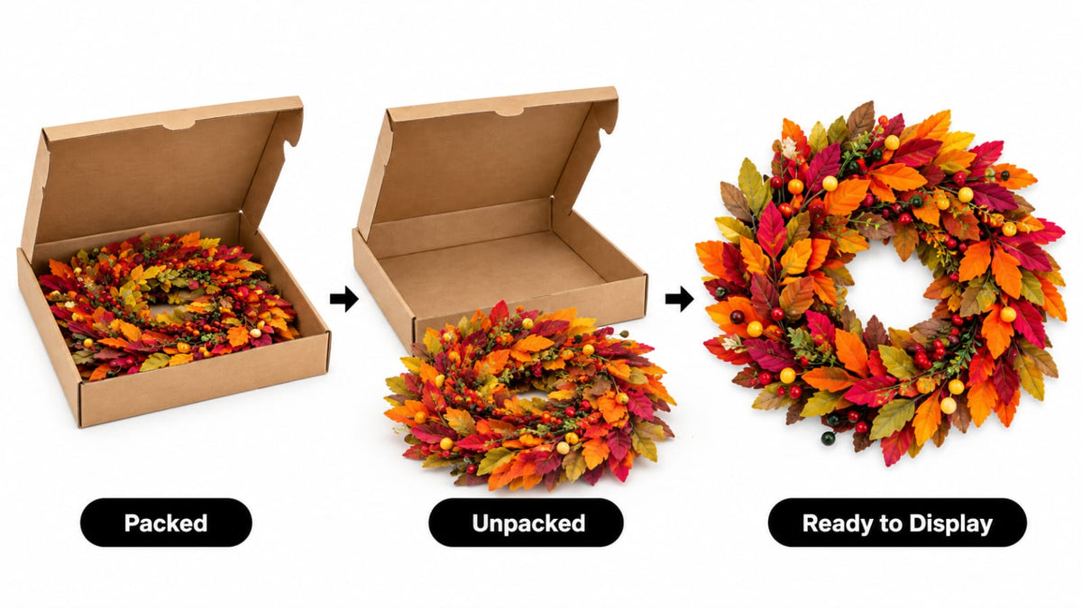 One leaf and berry fall wreath shown compressed in its box, unpacked, and fluffed into a full round shape for display.
