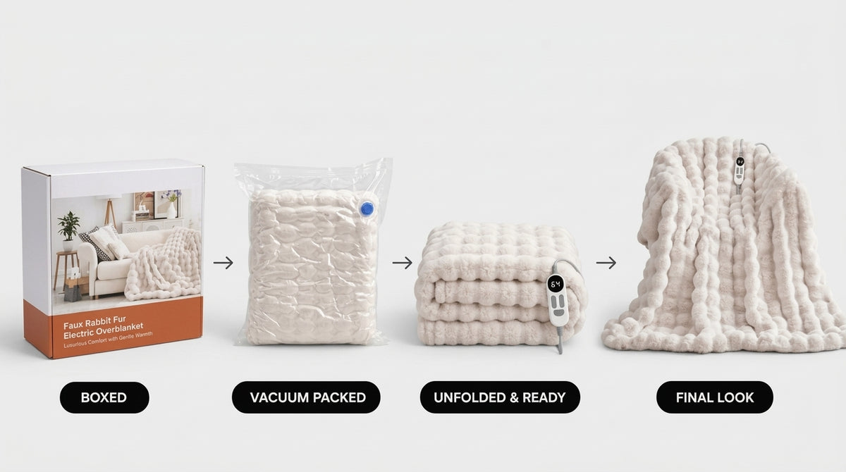 White faux fur heated blanket shown boxed, vacuum-packed, folded with its wired controller, and draped over a chair