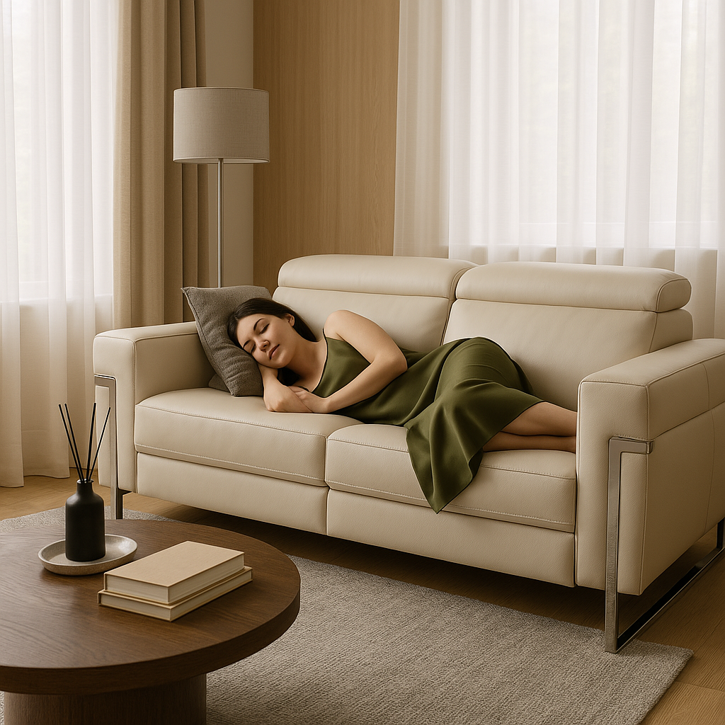 Beige Italian Leather Power Reclining Sofa and Loveseat Set - 5-Person Seating with Silver Metal Legs