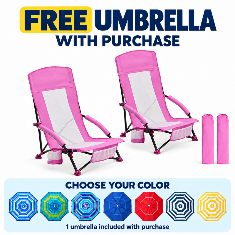 Folding Beach Chairs 2-Pack – Mesh Back with Cup Holders