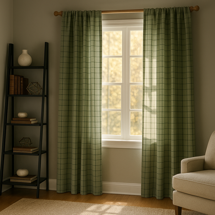 Plaid Faux Leather Tab Top Curtain Panel