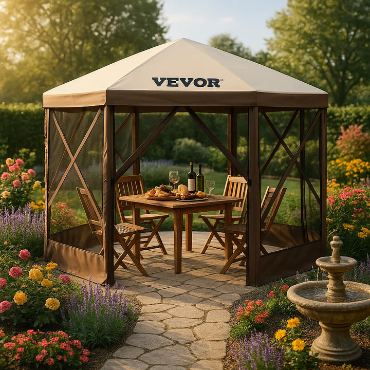 VEVOR 12x12ft Pop-Up Gazebo Tent with Mesh Sides – Outdoor Shade Shelter (Brown/Beige)