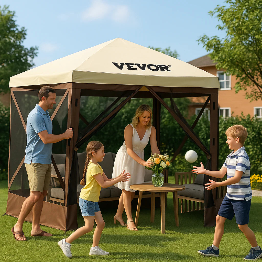 VEVOR 12x12ft Pop-Up Gazebo Tent with Mesh Sides – Outdoor Shade Shelter (Brown/Beige)