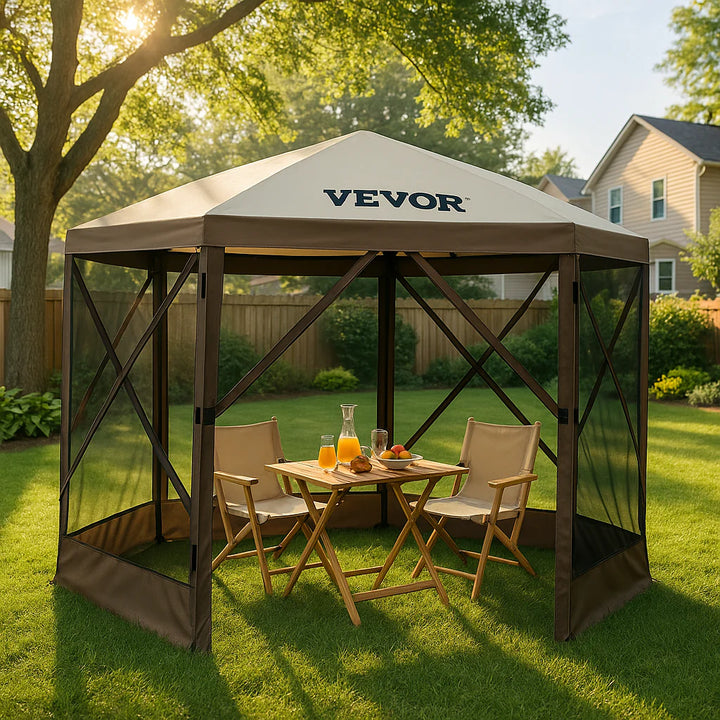 VEVOR 12x12ft Pop-Up Gazebo Tent with Mesh Sides – Outdoor Shade Shelter (Brown/Beige)